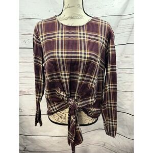 DESIGN LAB Plaid Tie Front Long Sleeve Shirt‎ Womens M Medium Burgundy Casual